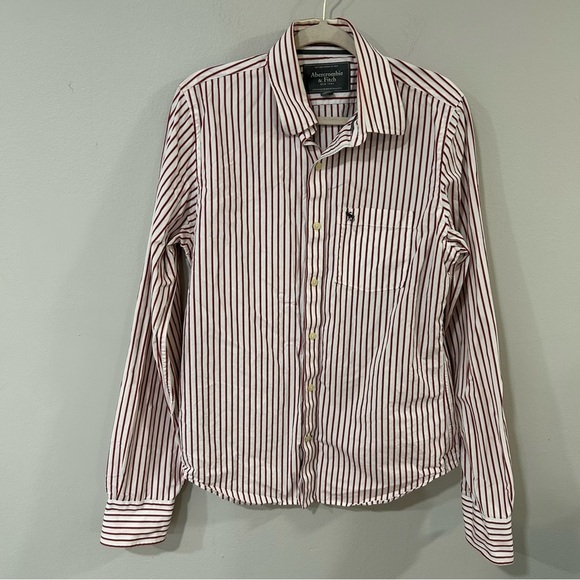 Abercrombie & Fitch Red White Striped Casual Button Down Shirt Men’s Size Large - Picture 1 of 6